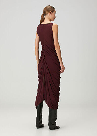 Bordo Drapeli Midi Kokteyl Elbise - Görsel 5