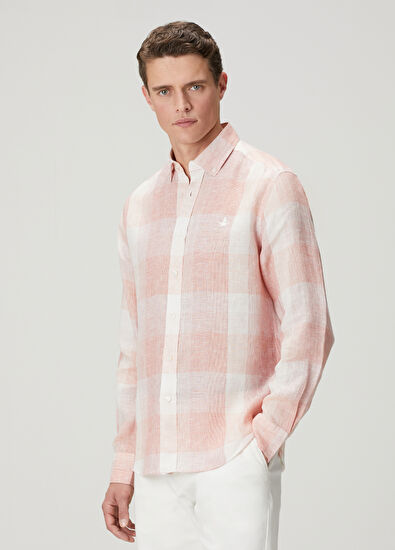 Beymen Club Comfort Fit Burgundy Plaid Patterned Linen Shirt - 4