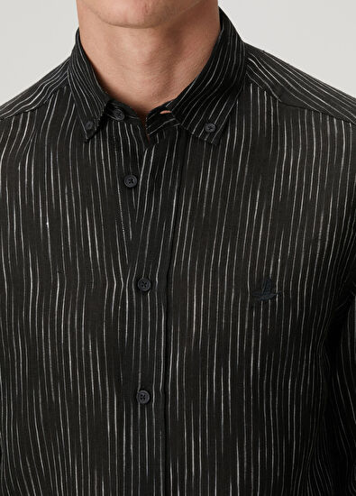 Beymen Club Comfort Fit Blue Dashed Striped Linen Shirt - 6