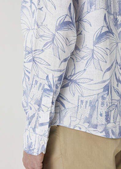 Beymen Club Comfort Fit Mavi Beyaz Çiçek Desenli Keten Gömlek - 7