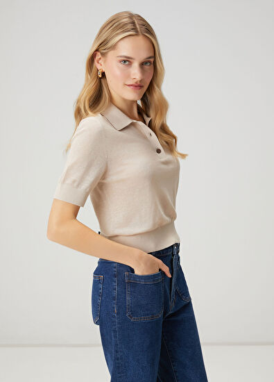 Beymen Club Beige Basic Linen Polo Sweater - 3