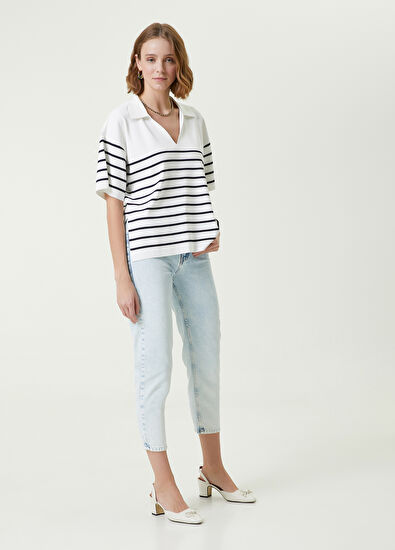 Beymen Club Navy Blue White Striped Polo Neck Sweater - 3