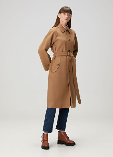 Kamel Beli Kemerli Yün Palto - Görsel 4