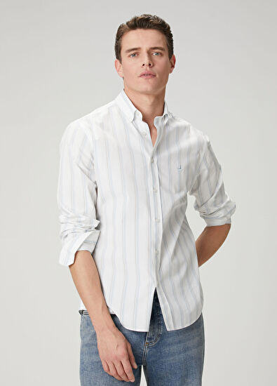 Beymen Club Comfort Fit Cotton Shirt With Blue Stripes - 7