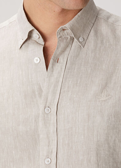 Beymen Club Comfort Fit Bej Kısa Kollu Keten Gömlek - 6