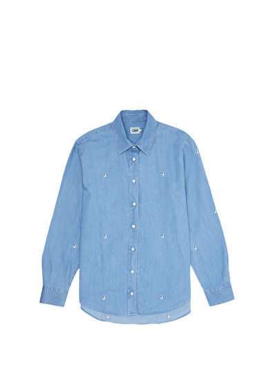 Beymen Club Mavi Serpme Kuş Nakışlı Denim Gömlek - 7