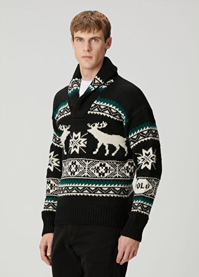 Polo Ralph Lauren Siyah Etnik Desen Jakarlı Yün Kazak - 3