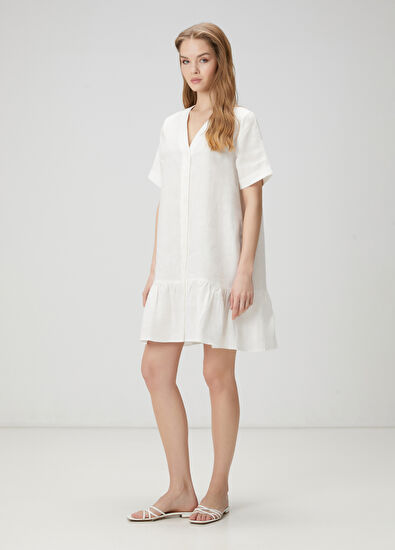 Beymen Club Beyaz Mini Keten Gömlek Elbise - 3