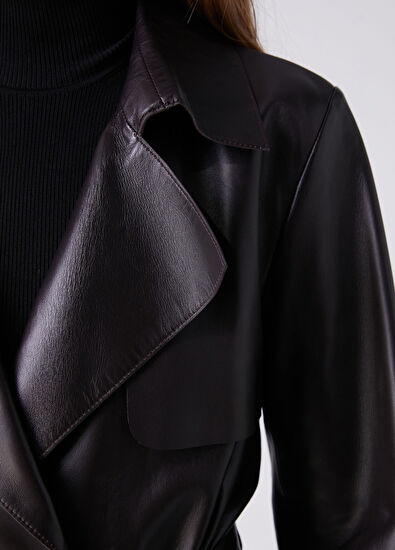 Beymen Club Plum Short Leather Trench Coat - 6