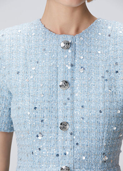 Mavi Payetli Midi Tweed Elbise - Görsel 7