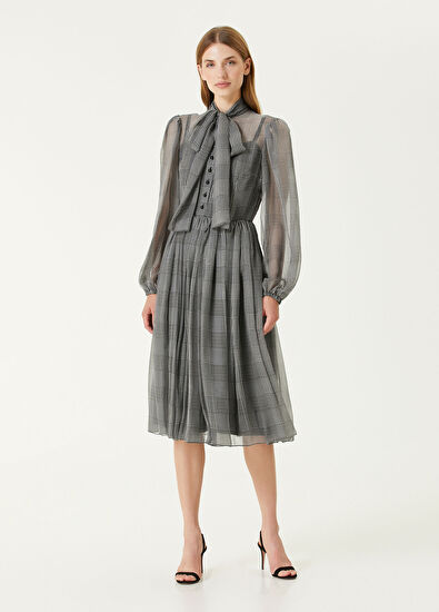 Dolce&Gabbana Koyu Gri Ekoseli Midi İpek Şifon Elbise - 3