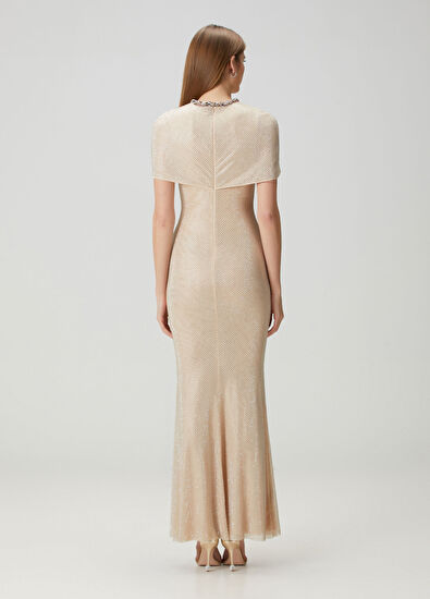 Şampanya Taşlı Maksi Abiye Elbise - Görsel 5