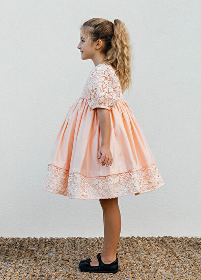 Lullmom Salmon Lace Detailed Short Sleeve Girl's Taffeta Dress - 3