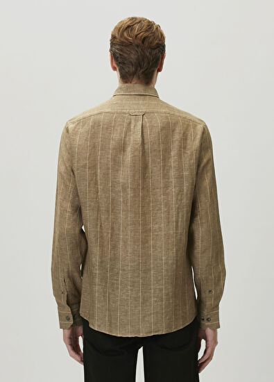 Beymen Club Comfort Fit Khaki Striped Linen Shirt - 5