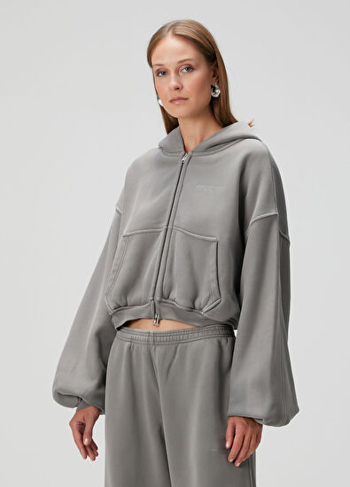 Alexander Wang Oversized Gri Kapüşonlu Fermuarlı Sweatshirt - 3