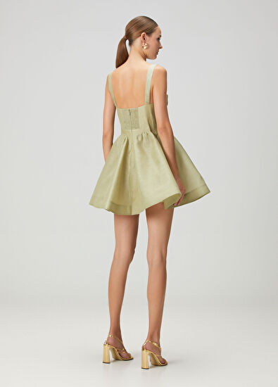 Rebellion Yeşil Drapeli Mini Keten Kokteyl Elbise - Görsel 5