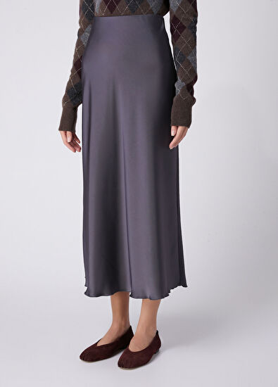 Beymen Club Dark Grey A-line Long Satin Skirt - 4