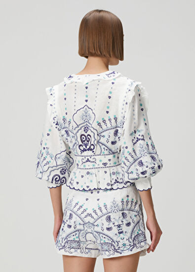 Camilla Mavi Beyaz Nakışlı Keten Gömlek - 4