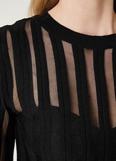 Beymen Club Black Transparent Striped Crop Sweater - 5