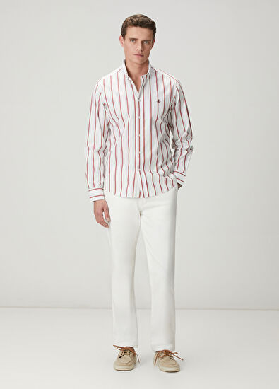 Beymen Club Comfort Fit Beyaz Bordo Çizgi Desenli Keten Gömlek - 3