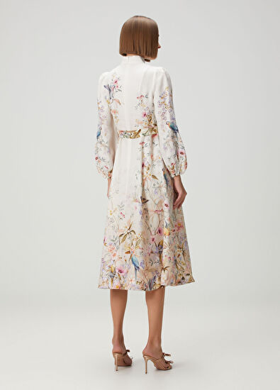 Rebellion Krem Desenli Midi Keten Elbise - Görsel 5