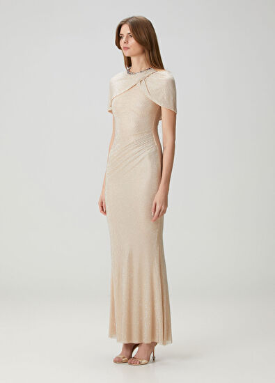 Şampanya Taşlı Maksi Abiye Elbise - Görsel 4