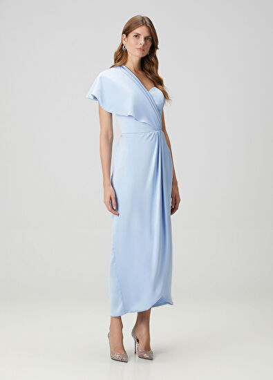 ZEYNEP ERDOGAN Açık Mavi Saten Asimetrik Kadın Uzun Abiye Elbise - 3
