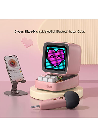 Divoom Ditoo-5M Pembe Kablosuz Uyarlanabilir Piksel Ekranlı Taşınabilir Karaoke Mikrofonlu Bluetooth Hoparlör - 6