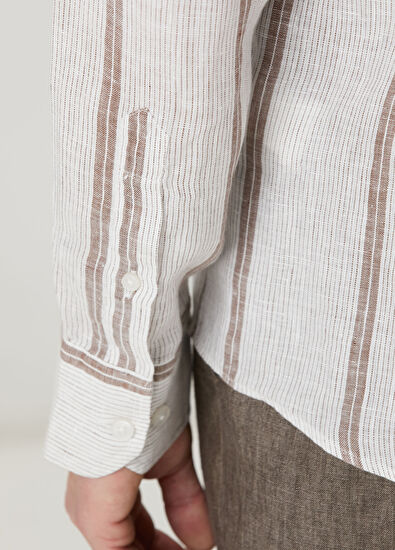 Beymen Club Cream Brown Striped Linen Shirt - 7
