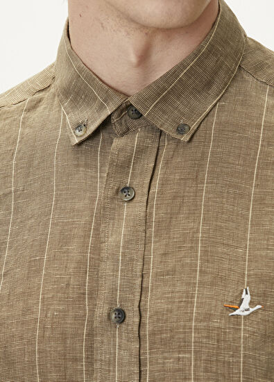 Beymen Club Comfort Fit Khaki Striped Linen Shirt - 6