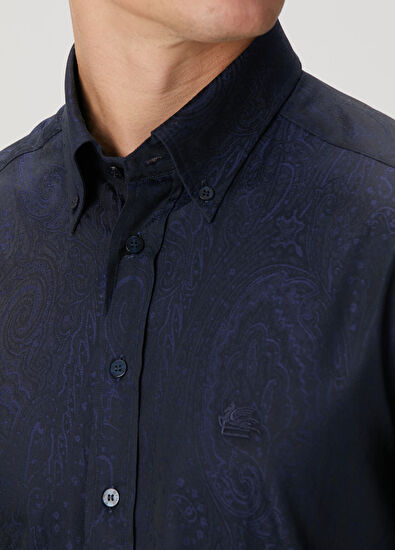 Lacivert Etnik Desenli Gömlek - Görsel 7