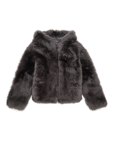 Beymen Club Anthracite Hooded Lamb Fur Coat - 7