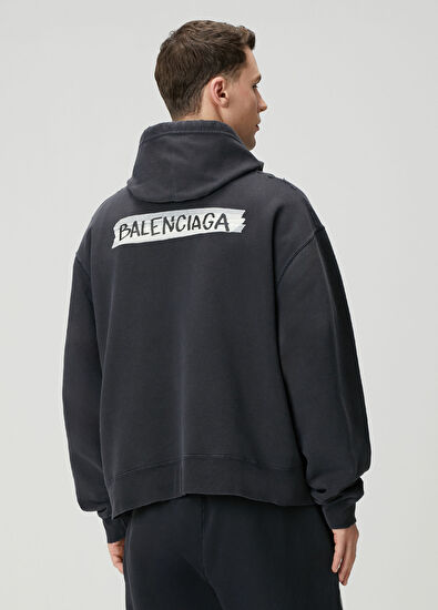 Balenciaga Masking Tape Siyah Kapüşonlu Oversized Sweatshirt - 4