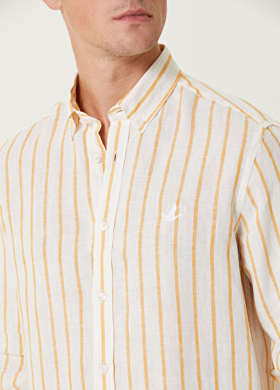 Beymen Club Comfort Fit White Yellow Linen Shirt - 4
