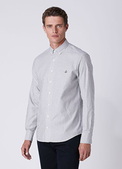Beymen Club Comfort Fit Khaki White Striped Oxford Shirt - 4
