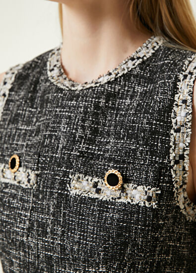 Beymen Club Siyah Beyaz Midi Tweed Elbise - 5