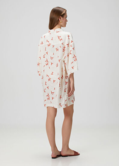 Fendi Beyaz Kırmızı Mercan Desenli Keten Kaftan - 4