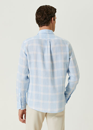 Beymen Club Comfort Fit Light Blue Square Plaid Linen Shirt - 5