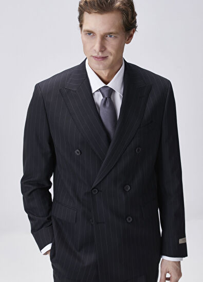 Drop 8 Siyah Çizgili Yün Kruvaze Takım Elbise - Görsel 4