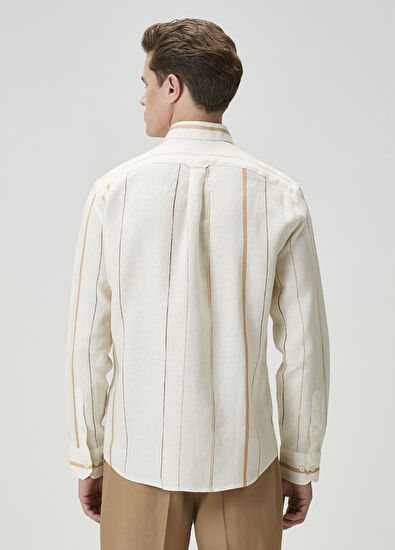 Beymen Club Comfort Fit Cream Line Patterned Linen Shirt - 5