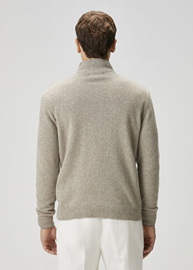 120% Lino Beige Collar Zipper Cashmere Sweater - 4