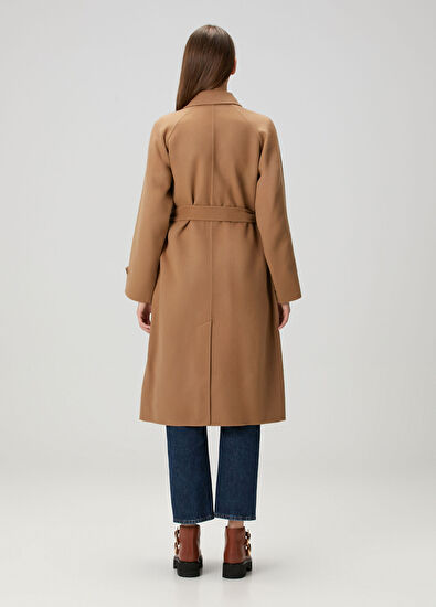 Kamel Beli Kemerli Yün Palto - Görsel 5