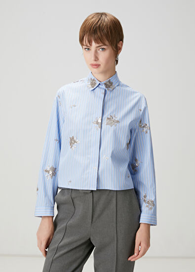 Beymen Club Mavi Çizgili İşlemeli Gömlek - 3