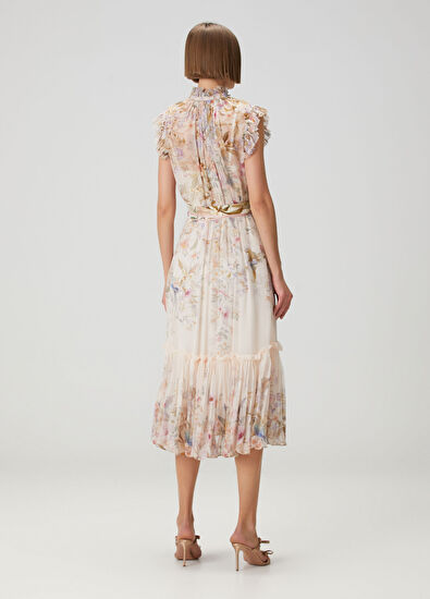 Rebellion Flutter Krem Çiçekli Midi Elbise - Görsel 5