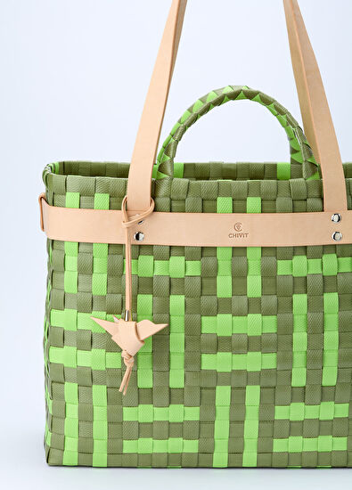 Chivit Andriake Basket Bag Olive Büyük Boy El Yapımı Kadın Omuz Çantası - 4