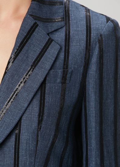 Brunello Cucinelli Koyu Mavi Çizgili Keten Ceket - 5