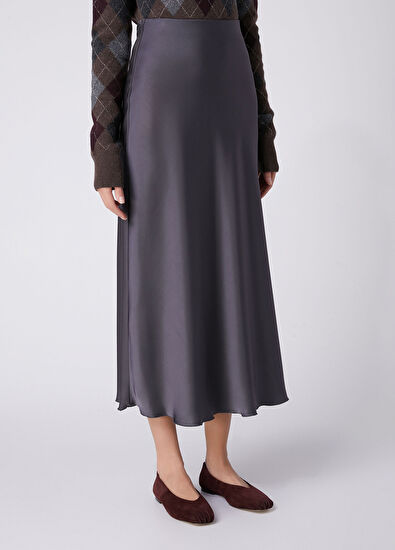 Beymen Club Dark Grey A-line Long Satin Skirt - 5
