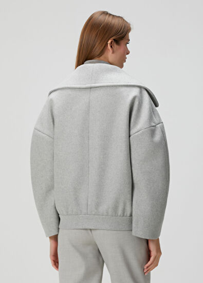 Gri Crop Yün Kaban - Görsel 5