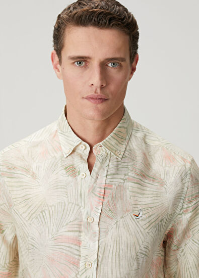 Beymen Club Comfort Fit Yeşil Yaprak Desenli Keten Gömlek - 6