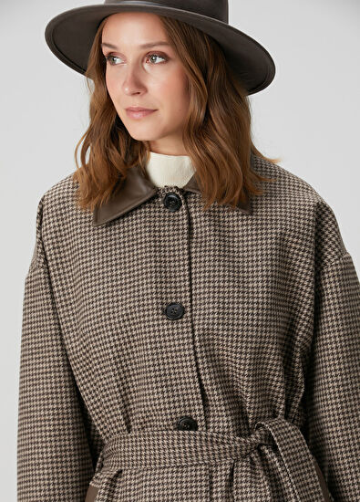 Kahverengi Yün Karışımlı Garnili Palto - Görsel 6